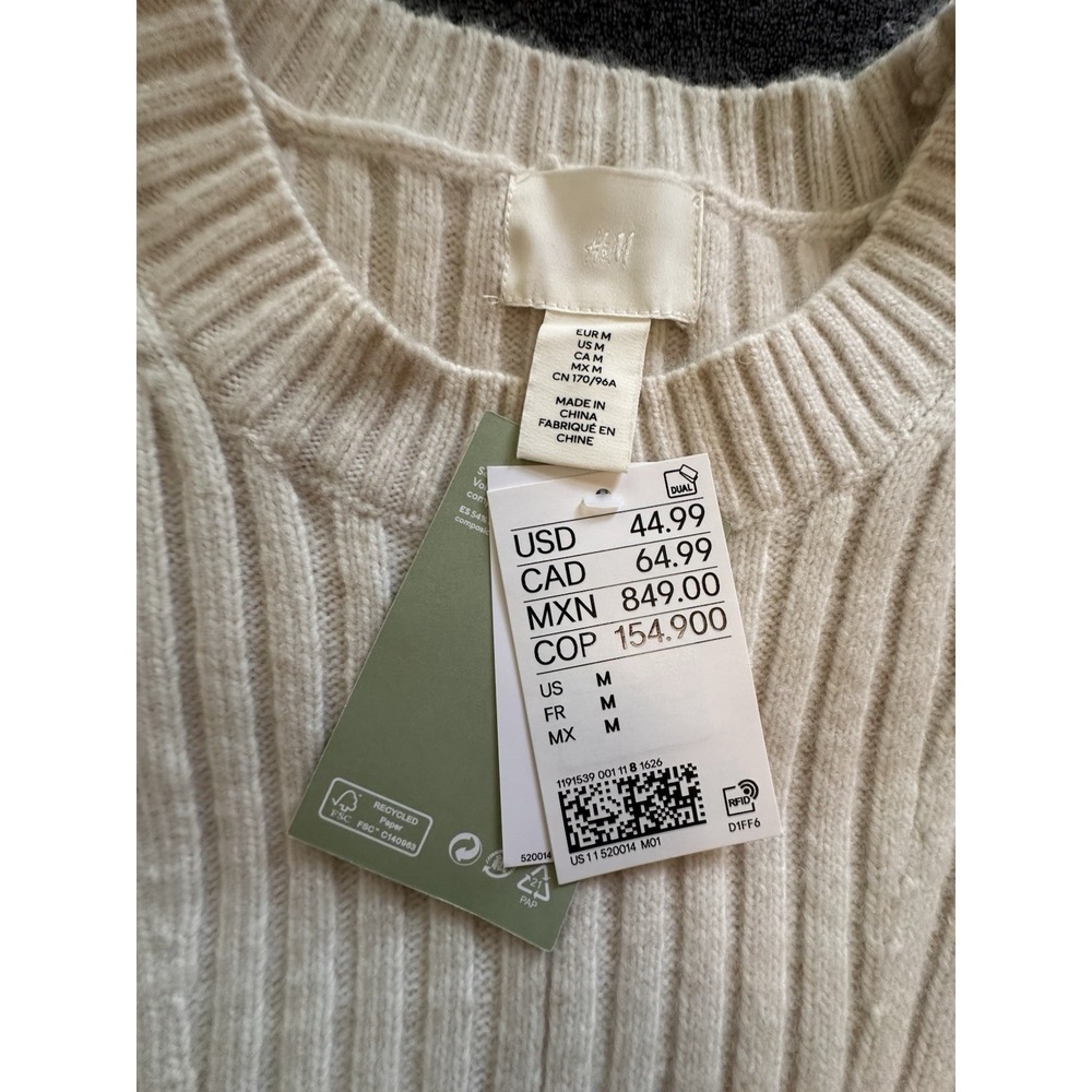 H M Ribbed Long Sleeve Knit Mini Dress Cream Size M sweater Dress A3-029 - Picture 4 of 8